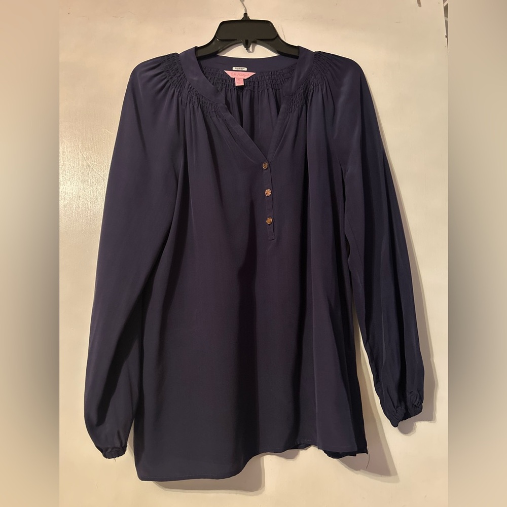 Lilly Pulitzer Blue Puff Sleeve Blouse with Mandarin Collar